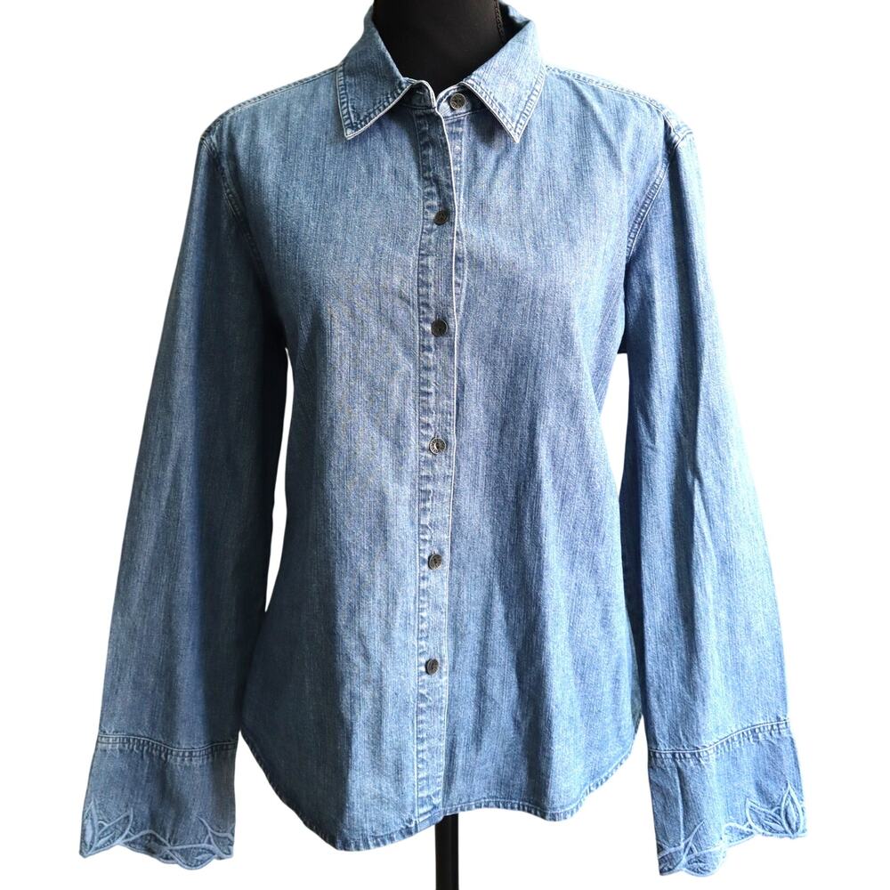 J Jill Vintage Y2K Denim Button Down Shirt Embroidered Out of the Blue Medium